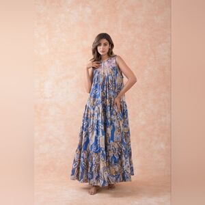 Elegant Blue and Brown Paisley Maxi Dress